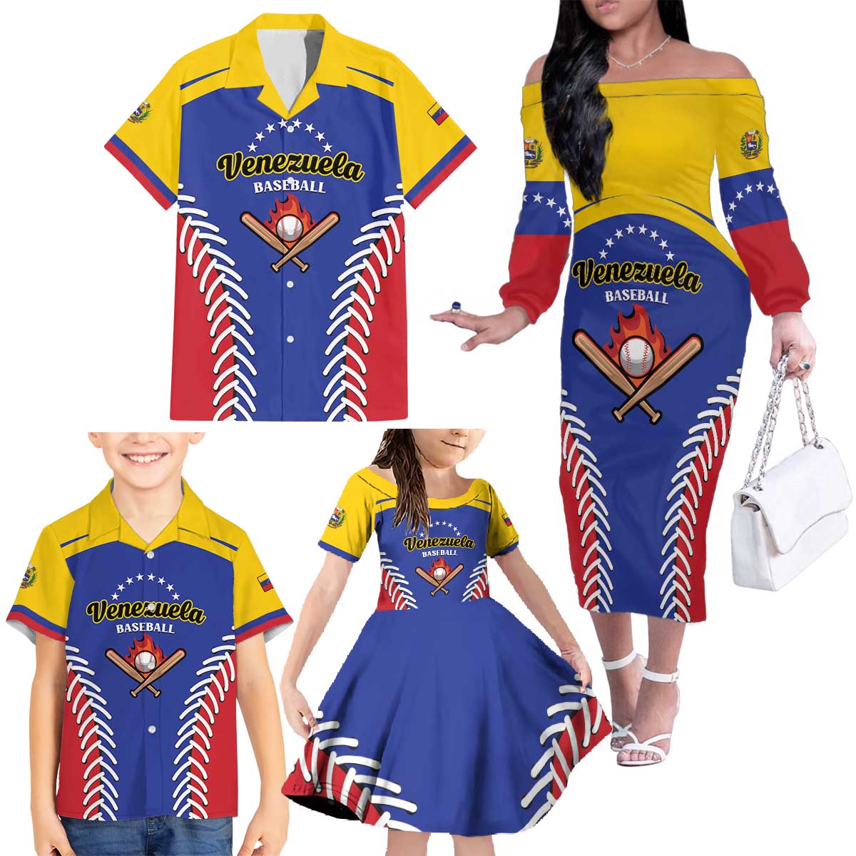 Custom Baseball Venezuela Family Matching Off The Shoulder Long Sleeve Dress and Hawaiian Shirt Team Venezuela Go Champions