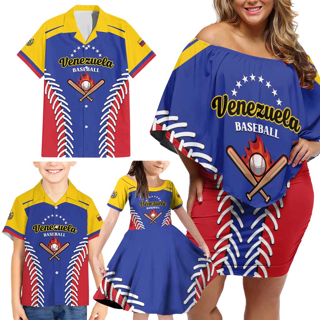Custom Baseball Venezuela Family Matching Off Shoulder Short Dress and Hawaiian Shirt Team Venezuela Go Champions
