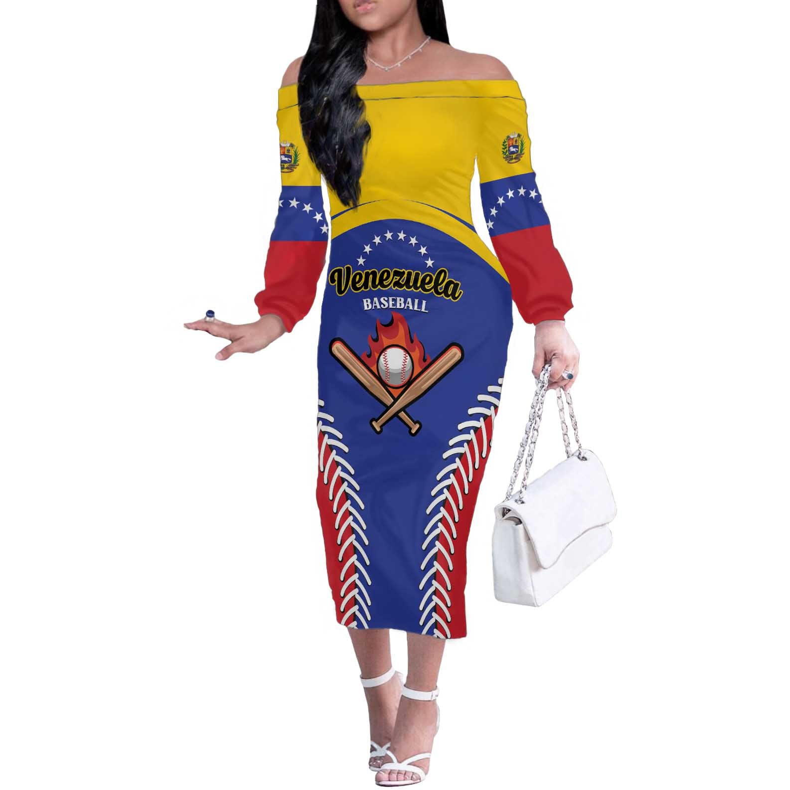 Custom Baseball Venezuela Off The Shoulder Long Sleeve Dress Team Venezuela Go Champions