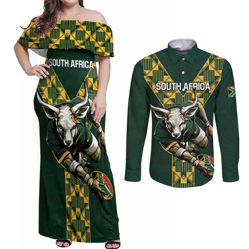 Custom South Africa 2024 Rugby Couples Matching Off Shoulder Maxi Dress and Long Sleeve Button Shirt Go Springboks Protea Pattern - Wonder Print Shop