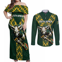 Custom South Africa 2024 Rugby Couples Matching Off Shoulder Maxi Dress and Long Sleeve Button Shirt Go Springboks Protea Pattern - Wonder Print Shop