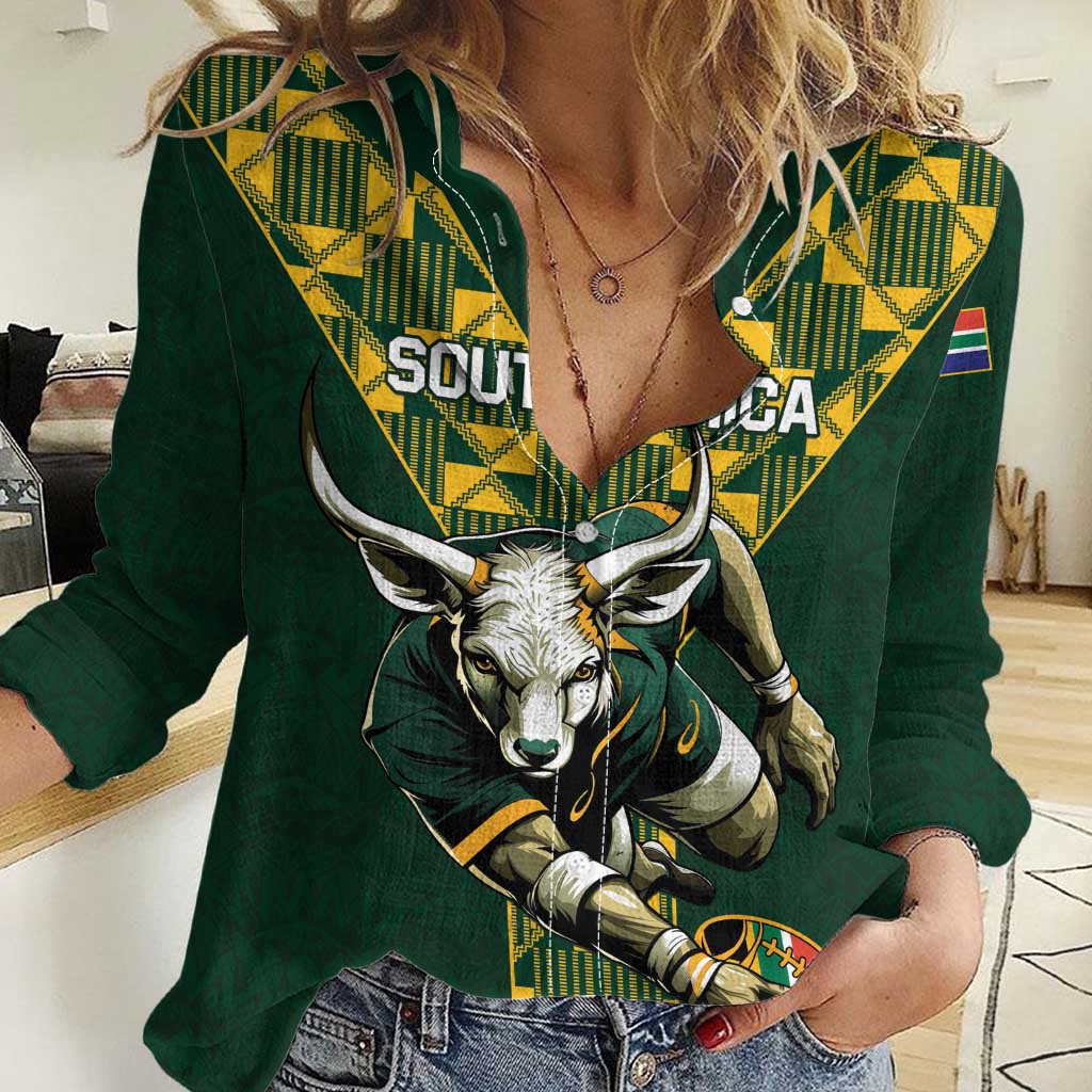 Custom South Africa 2024 Rugby Women Casual Shirt Go Springboks Protea Pattern - Wonder Print Shop