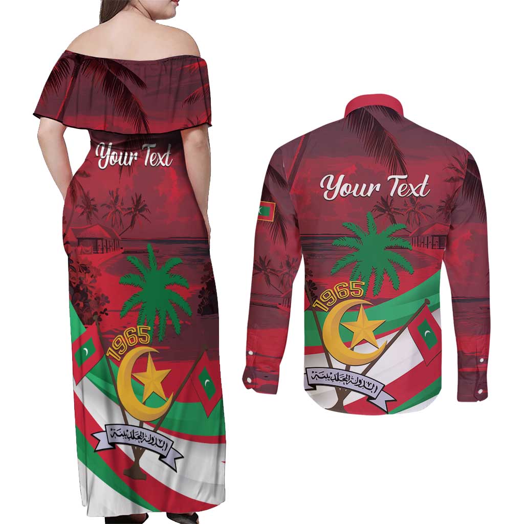 Personalized Maldives Independence Day 1965 Couples Matching Off Shoulder Maxi Dress and Long Sleeve Button Shirt Dhivehi Raajjeyge Jumhooriyyaa - Wonder Print Shop