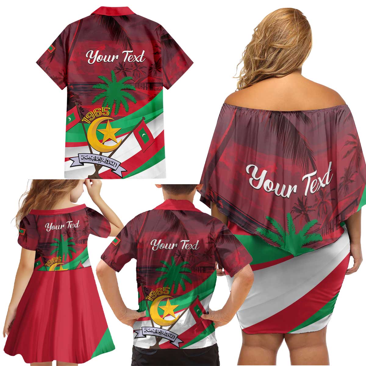 Personalized Maldives Independence Day 1965 Family Matching Off Shoulder Short Dress and Hawaiian Shirt Dhivehi Raajjeyge Jumhooriyyaa - Wonder Print Shop
