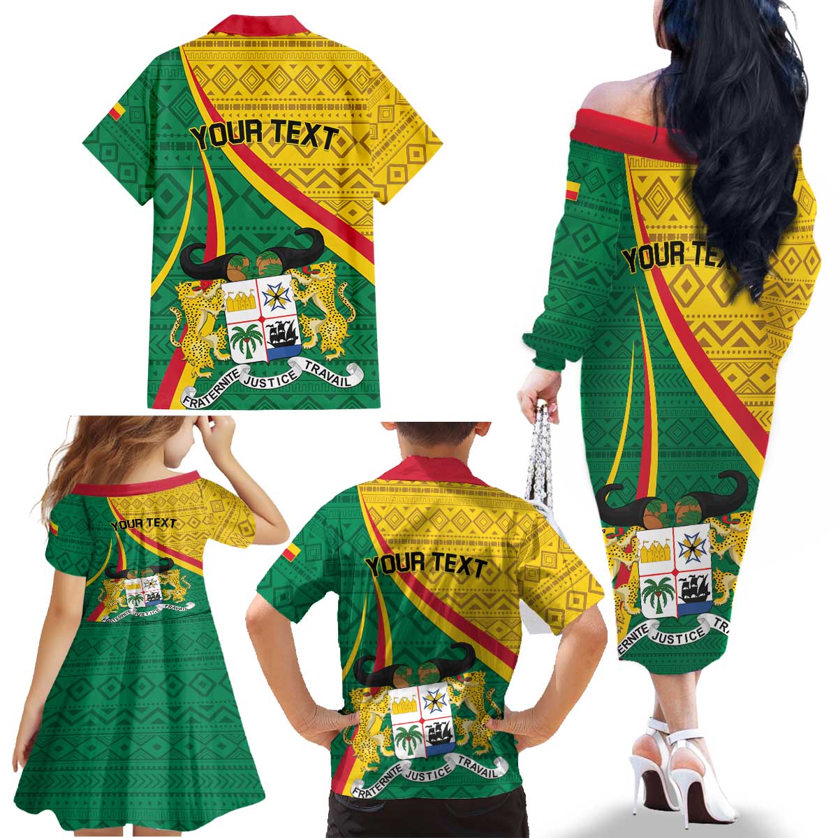 Personalized Benin Independence Day 1960 Family Matching Off The Shoulder Long Sleeve Dress and Hawaiian Shirt Fraternite Justice Travail - Wonder Print Shop