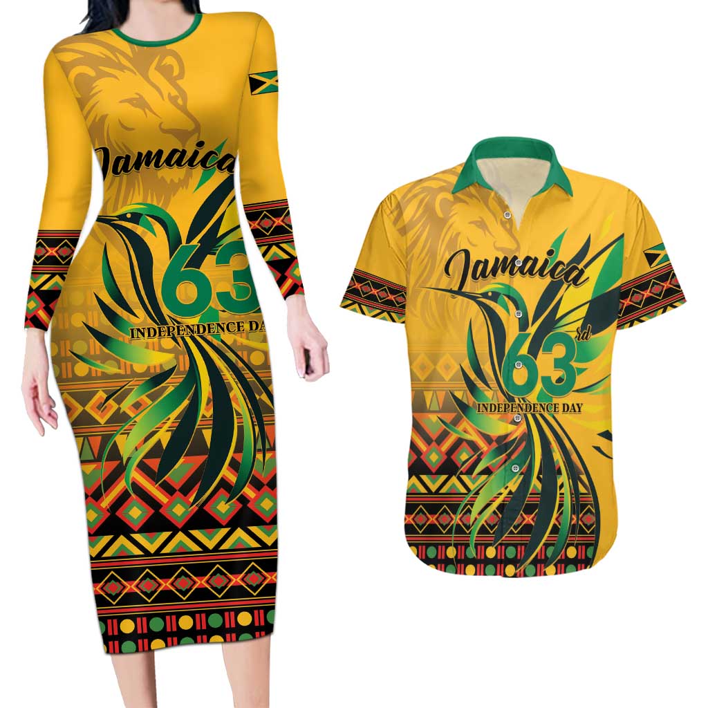 Personalized Jamaica Independence Day 1962 Couples Matching Long Sleeve Bodycon Dress and Hawaiian Shirt Jumieka Streamertail Reggae Pattern
