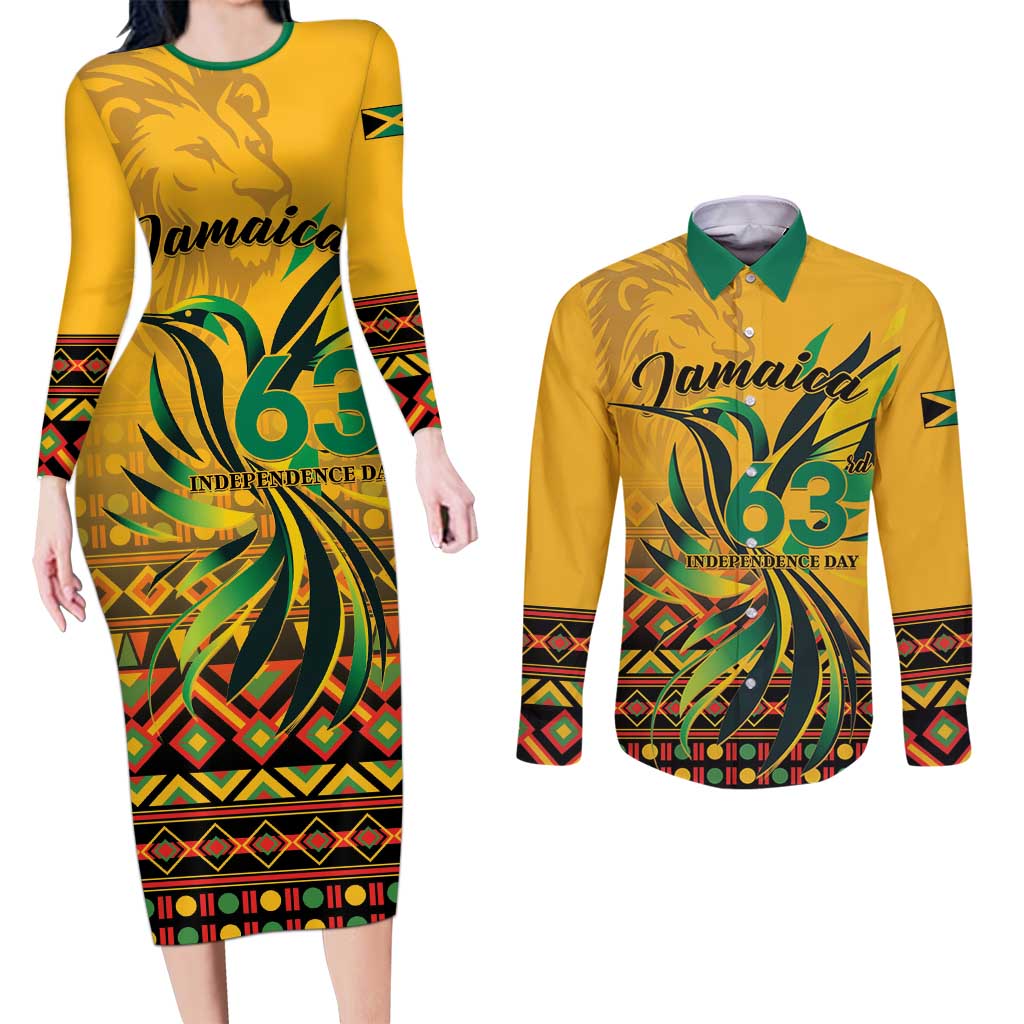 Personalized Jamaica Independence Day 1962 Couples Matching Long Sleeve Bodycon Dress and Long Sleeve Button Shirt Jumieka Streamertail Reggae Pattern