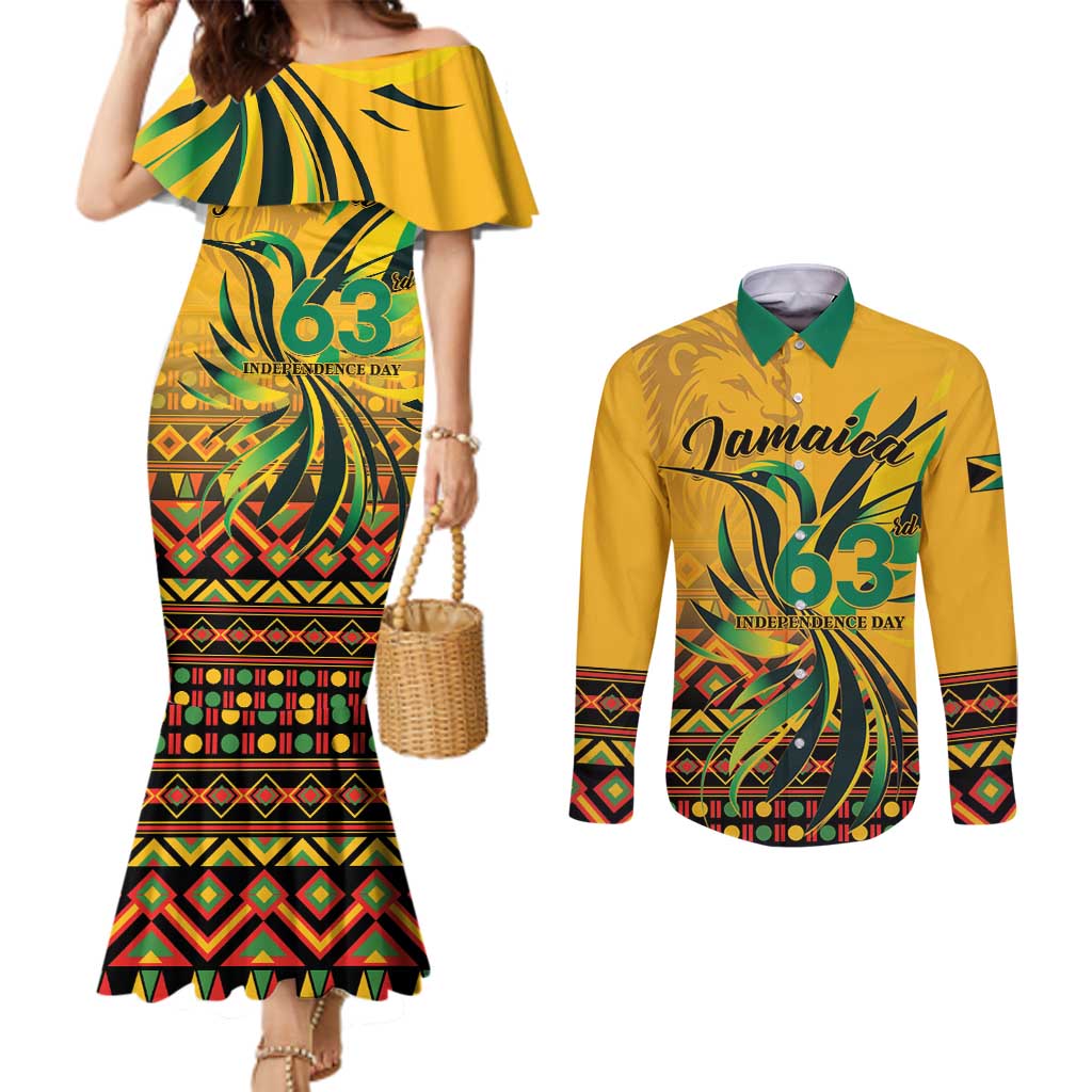 Personalized Jamaica Independence Day 1962 Couples Matching Mermaid Dress and Long Sleeve Button Shirt Jumieka Streamertail Reggae Pattern