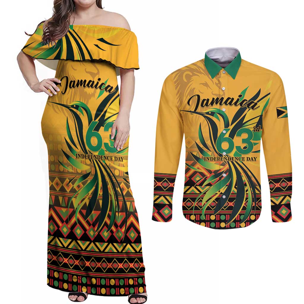 Personalized Jamaica Independence Day 1962 Couples Matching Off Shoulder Maxi Dress and Long Sleeve Button Shirt Jumieka Streamertail Reggae Pattern