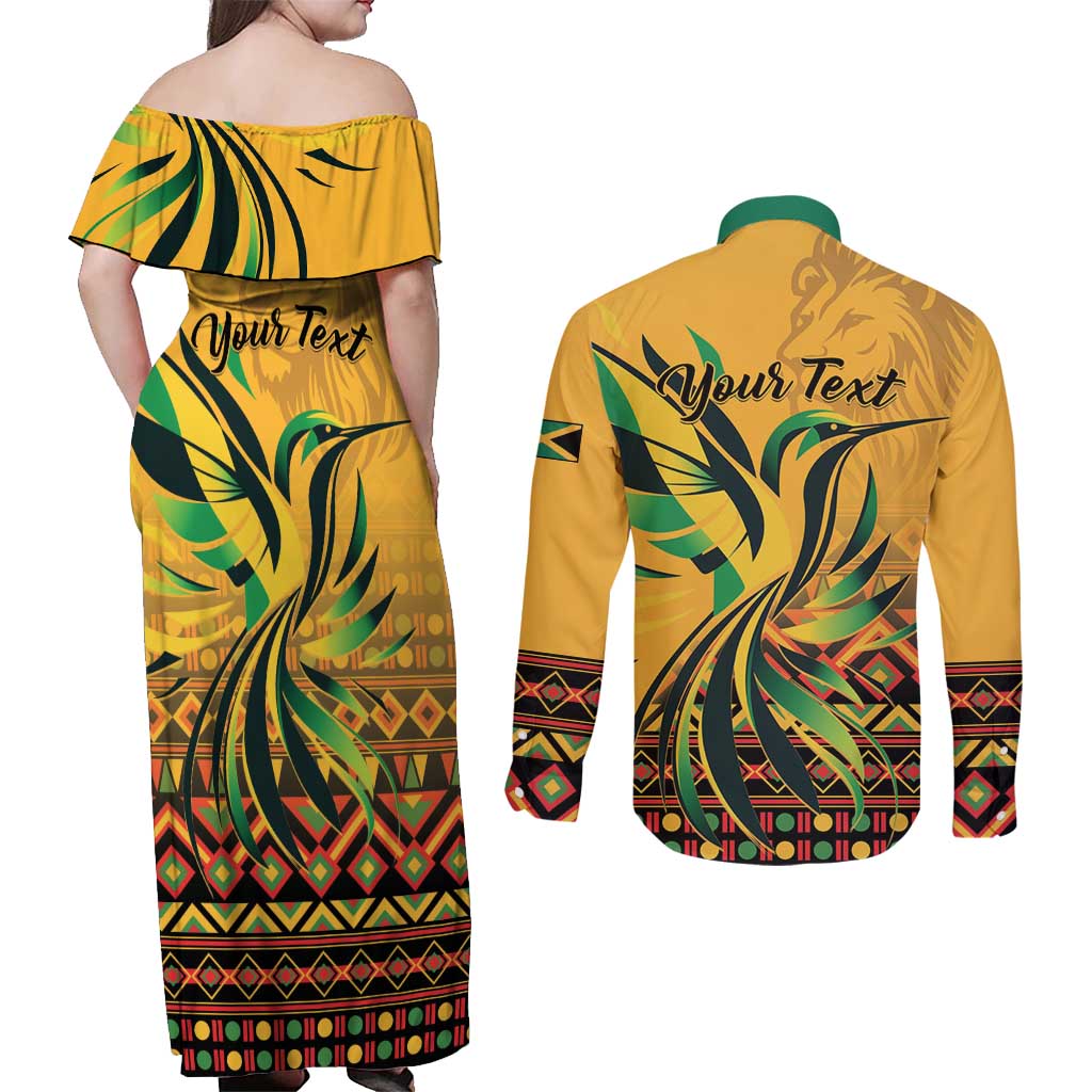 Personalized Jamaica Independence Day 1962 Couples Matching Off Shoulder Maxi Dress and Long Sleeve Button Shirt Jumieka Streamertail Reggae Pattern
