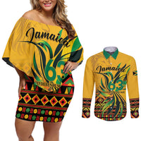 Personalized Jamaica Independence Day 1962 Couples Matching Off Shoulder Short Dress and Long Sleeve Button Shirt Jumieka Streamertail Reggae Pattern