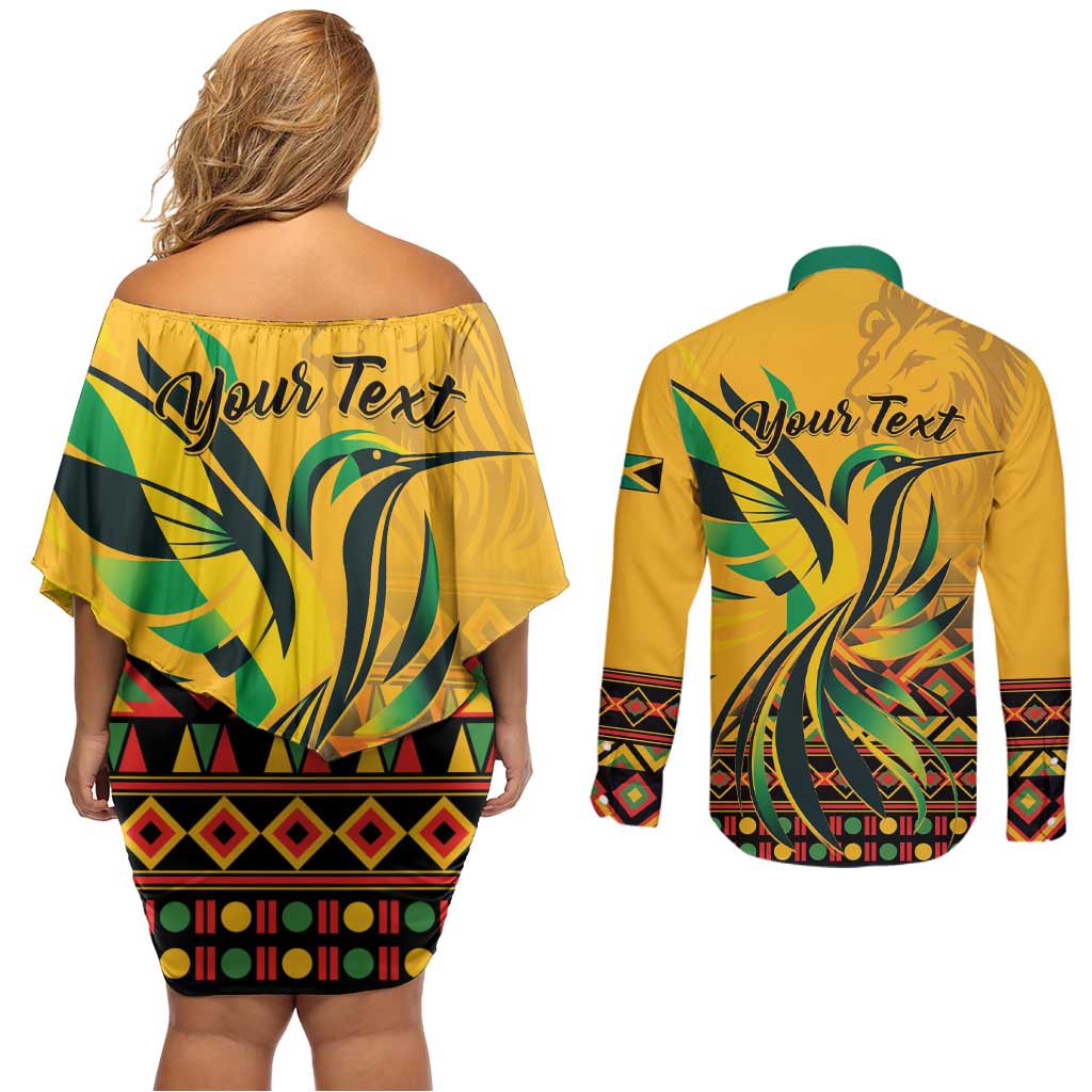 Personalized Jamaica Independence Day 1962 Couples Matching Off Shoulder Short Dress and Long Sleeve Button Shirt Jumieka Streamertail Reggae Pattern
