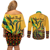 Personalized Jamaica Independence Day 1962 Couples Matching Off Shoulder Short Dress and Long Sleeve Button Shirt Jumieka Streamertail Reggae Pattern