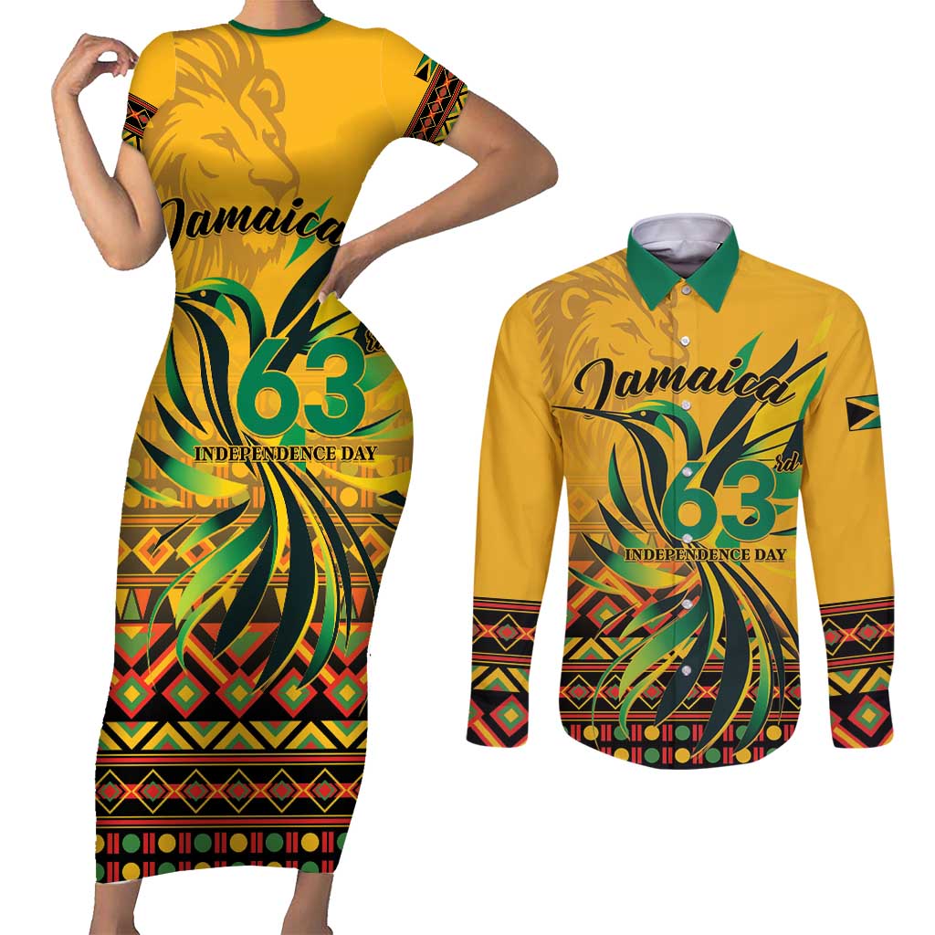Personalized Jamaica Independence Day 1962 Couples Matching Short Sleeve Bodycon Dress and Long Sleeve Button Shirt Jumieka Streamertail Reggae Pattern