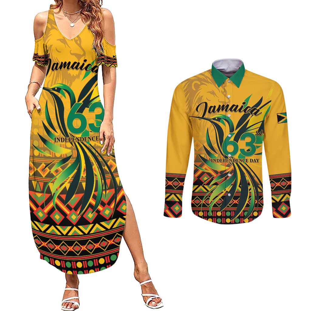Personalized Jamaica Independence Day 1962 Couples Matching Summer Maxi Dress and Long Sleeve Button Shirt Jumieka Streamertail Reggae Pattern