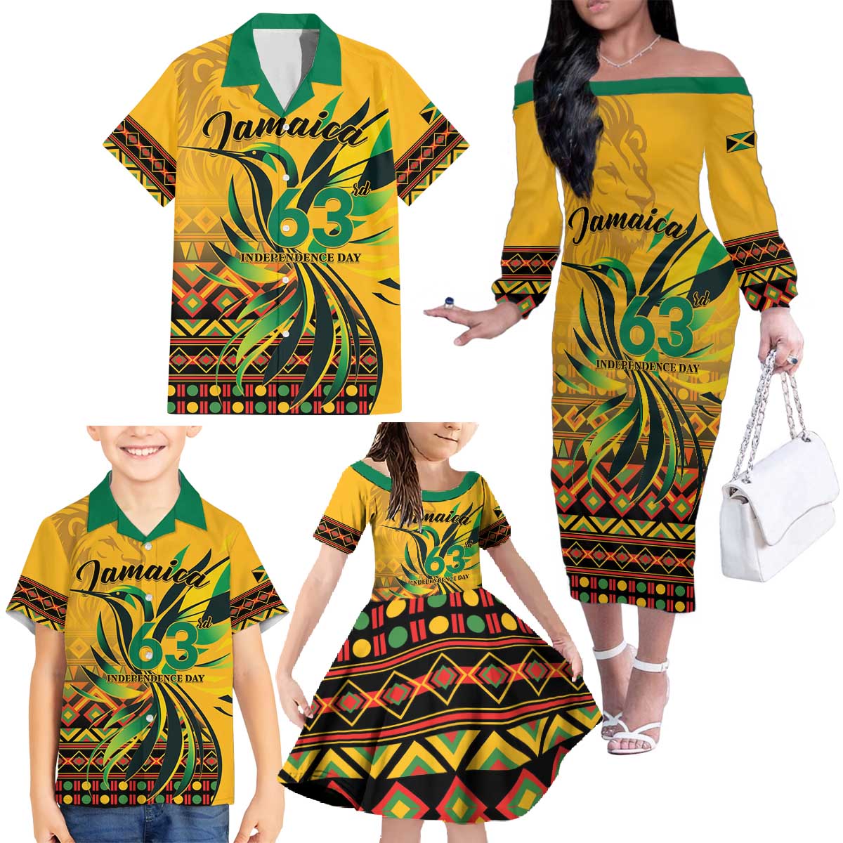 Personalized Jamaica Independence Day 1962 Family Matching Off The Shoulder Long Sleeve Dress and Hawaiian Shirt Jumieka Streamertail Reggae Pattern