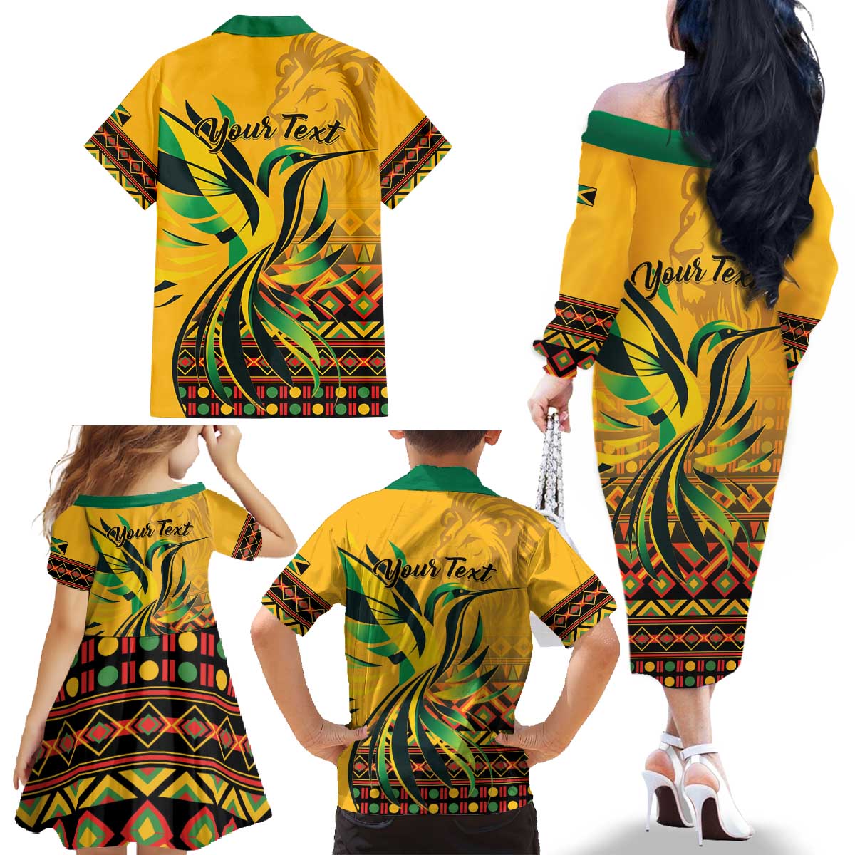Personalized Jamaica Independence Day 1962 Family Matching Off The Shoulder Long Sleeve Dress and Hawaiian Shirt Jumieka Streamertail Reggae Pattern