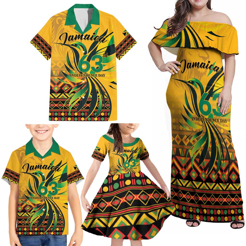 Personalized Jamaica Independence Day 1962 Family Matching Off Shoulder Maxi Dress and Hawaiian Shirt Jumieka Streamertail Reggae Pattern