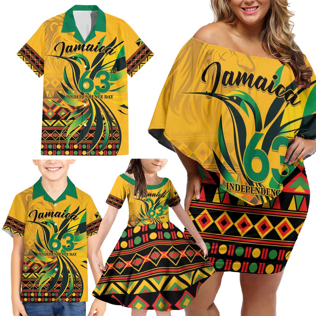 Personalized Jamaica Independence Day 1962 Family Matching Off Shoulder Short Dress and Hawaiian Shirt Jumieka Streamertail Reggae Pattern