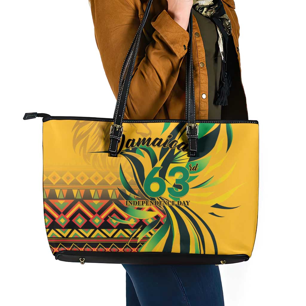 Jamaica Independence Day 1962 Leather Tote Bag Jumieka Streamertail Reggae Pattern