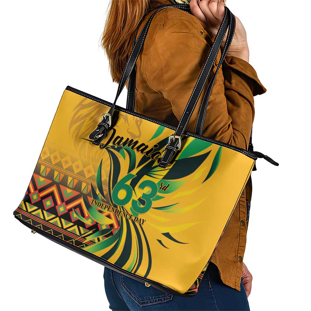 Jamaica Independence Day 1962 Leather Tote Bag Jumieka Streamertail Reggae Pattern