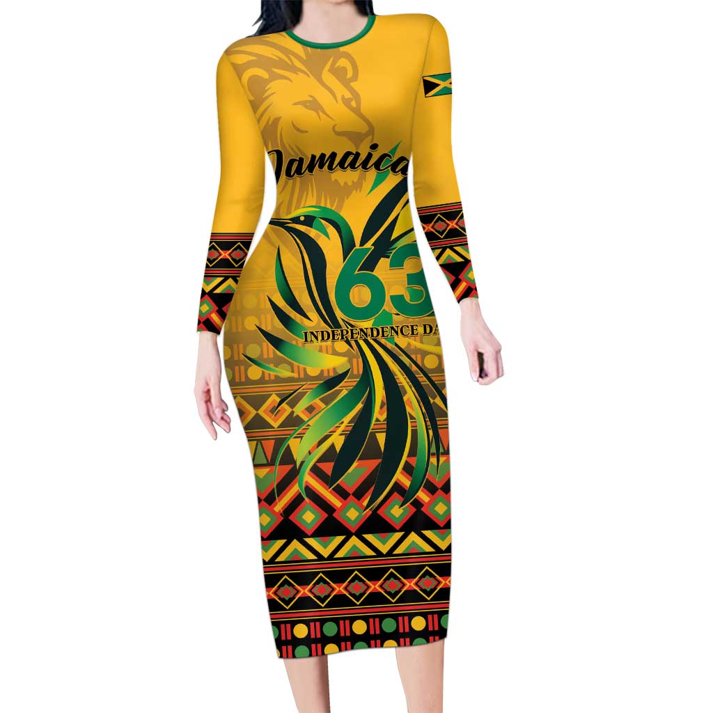 Personalized Jamaica Independence Day 1962 Long Sleeve Bodycon Dress Jumieka Streamertail Reggae Pattern