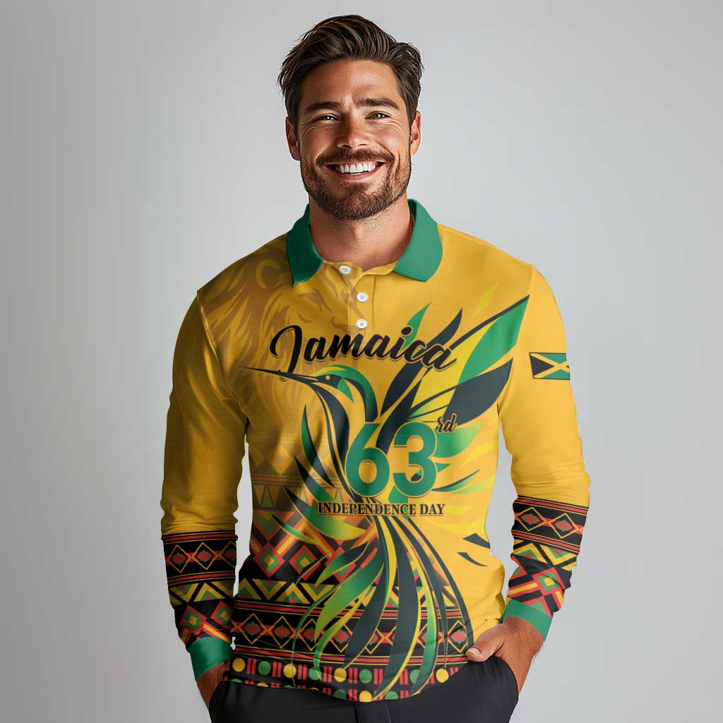 Personalized Jamaica Independence Day 1962 Long Sleeve Polo Shirt Jumieka Streamertail Reggae Pattern