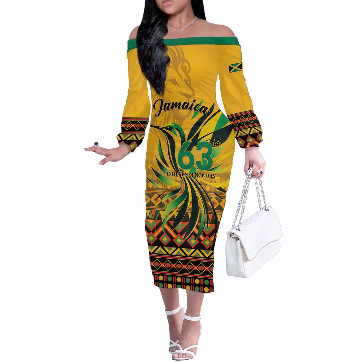 Personalized Jamaica Independence Day 1962 Off The Shoulder Long Sleeve Dress Jumieka Streamertail Reggae Pattern