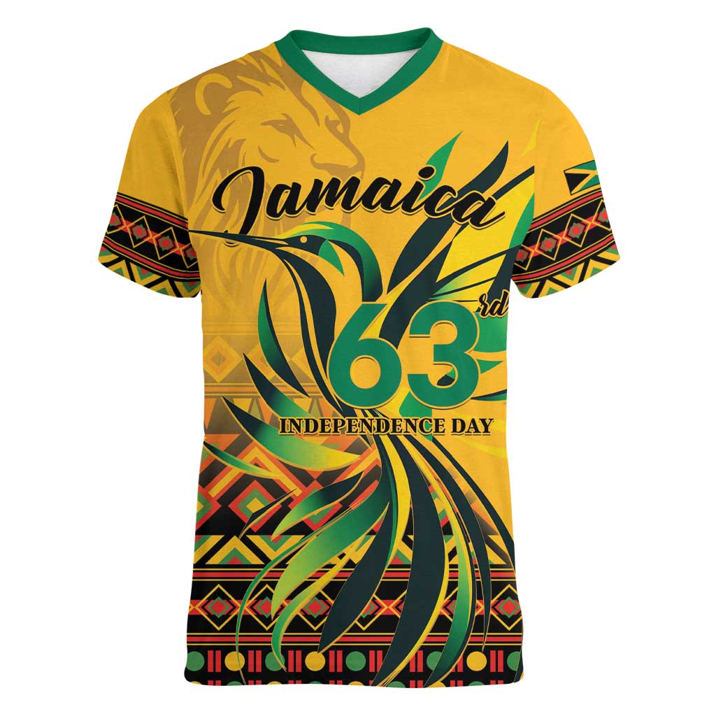Personalized Jamaica Independence Day 1962 Women V-Neck T-Shirt Jumieka Streamertail Reggae Pattern