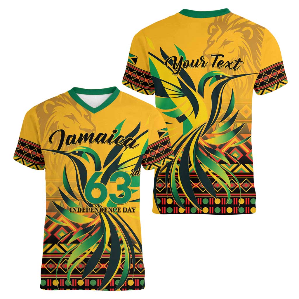 Personalized Jamaica Independence Day 1962 Women V-Neck T-Shirt Jumieka Streamertail Reggae Pattern