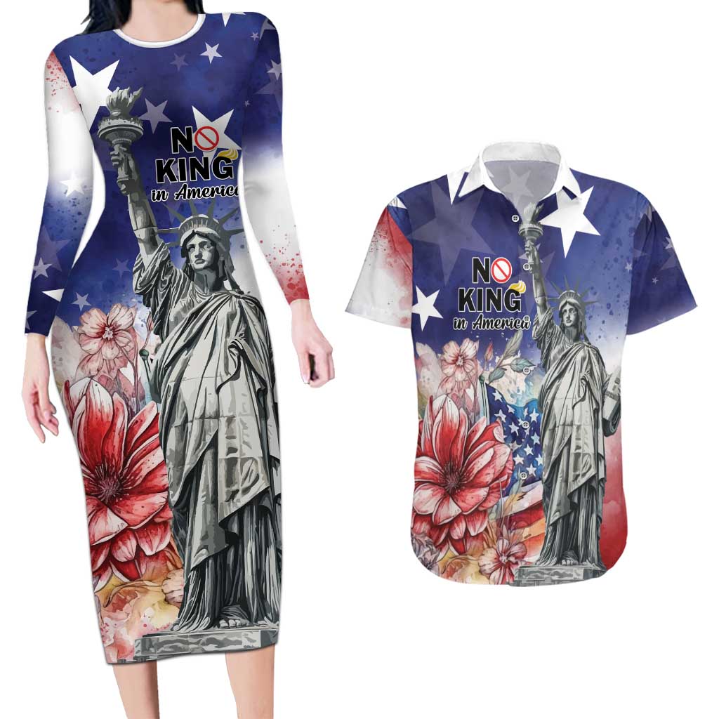 No Kings In America Couples Matching Long Sleeve Bodycon Dress and Hawaiian Shirt Watercolor Floral - Wonder Print Shop