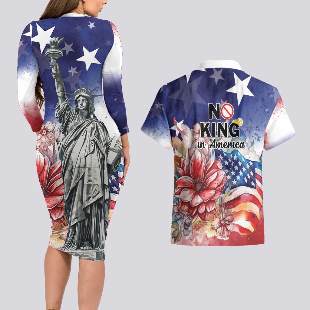 No Kings In America Couples Matching Long Sleeve Bodycon Dress and Hawaiian Shirt Watercolor Floral - Wonder Print Shop