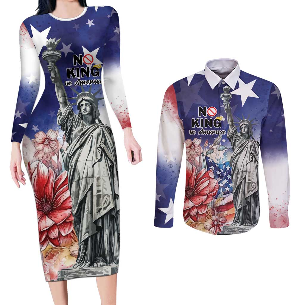 No Kings In America Couples Matching Long Sleeve Bodycon Dress and Long Sleeve Button Shirt Watercolor Floral - Wonder Print Shop