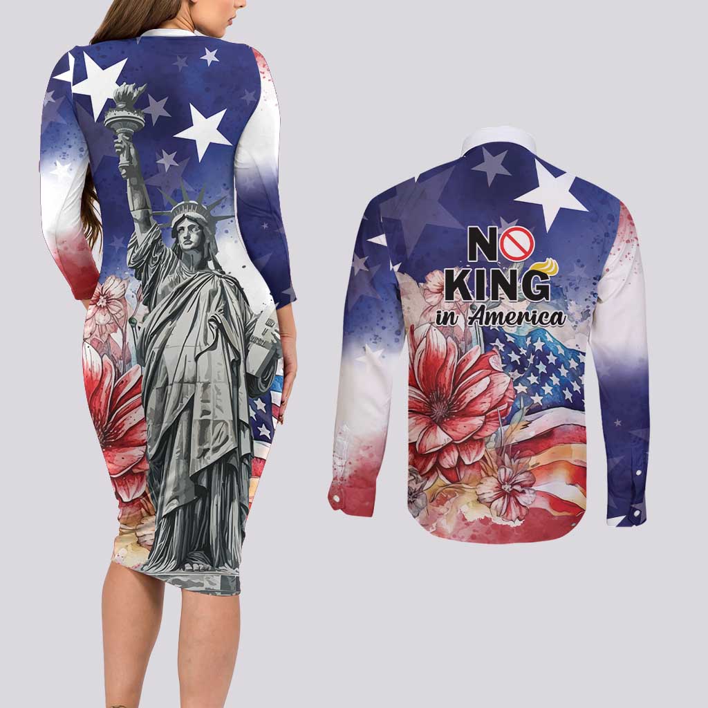 No Kings In America Couples Matching Long Sleeve Bodycon Dress and Long Sleeve Button Shirt Watercolor Floral - Wonder Print Shop