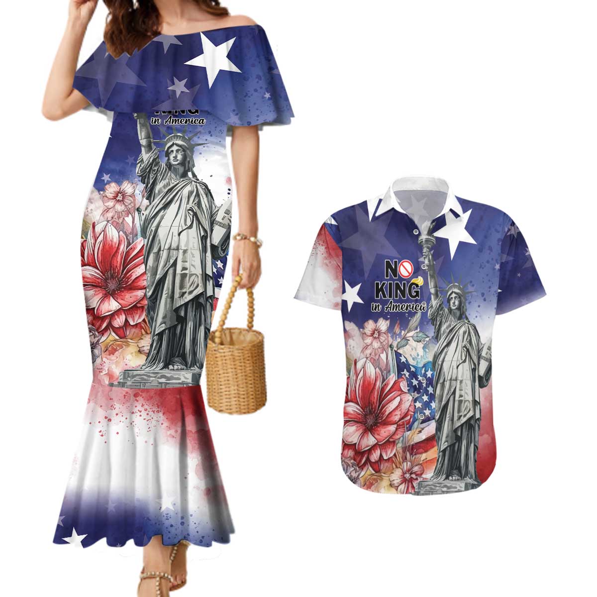 No Kings In America Couples Matching Mermaid Dress and Hawaiian Shirt Watercolor Floral - Wonder Print Shop