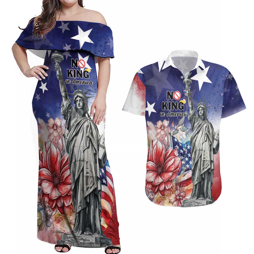 No Kings In America Couples Matching Off Shoulder Maxi Dress and Hawaiian Shirt Watercolor Floral - Wonder Print Shop