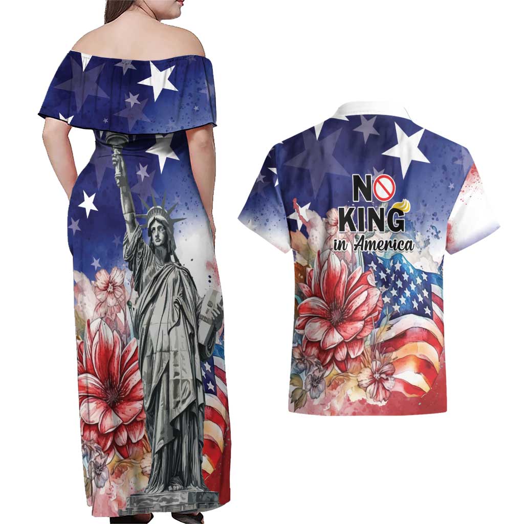 No Kings In America Couples Matching Off Shoulder Maxi Dress and Hawaiian Shirt Watercolor Floral - Wonder Print Shop