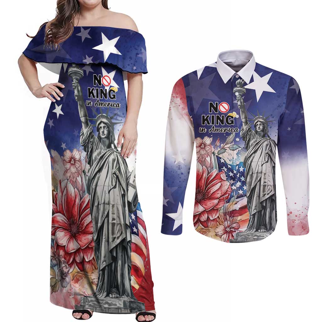 No Kings In America Couples Matching Off Shoulder Maxi Dress and Long Sleeve Button Shirt Watercolor Floral - Wonder Print Shop