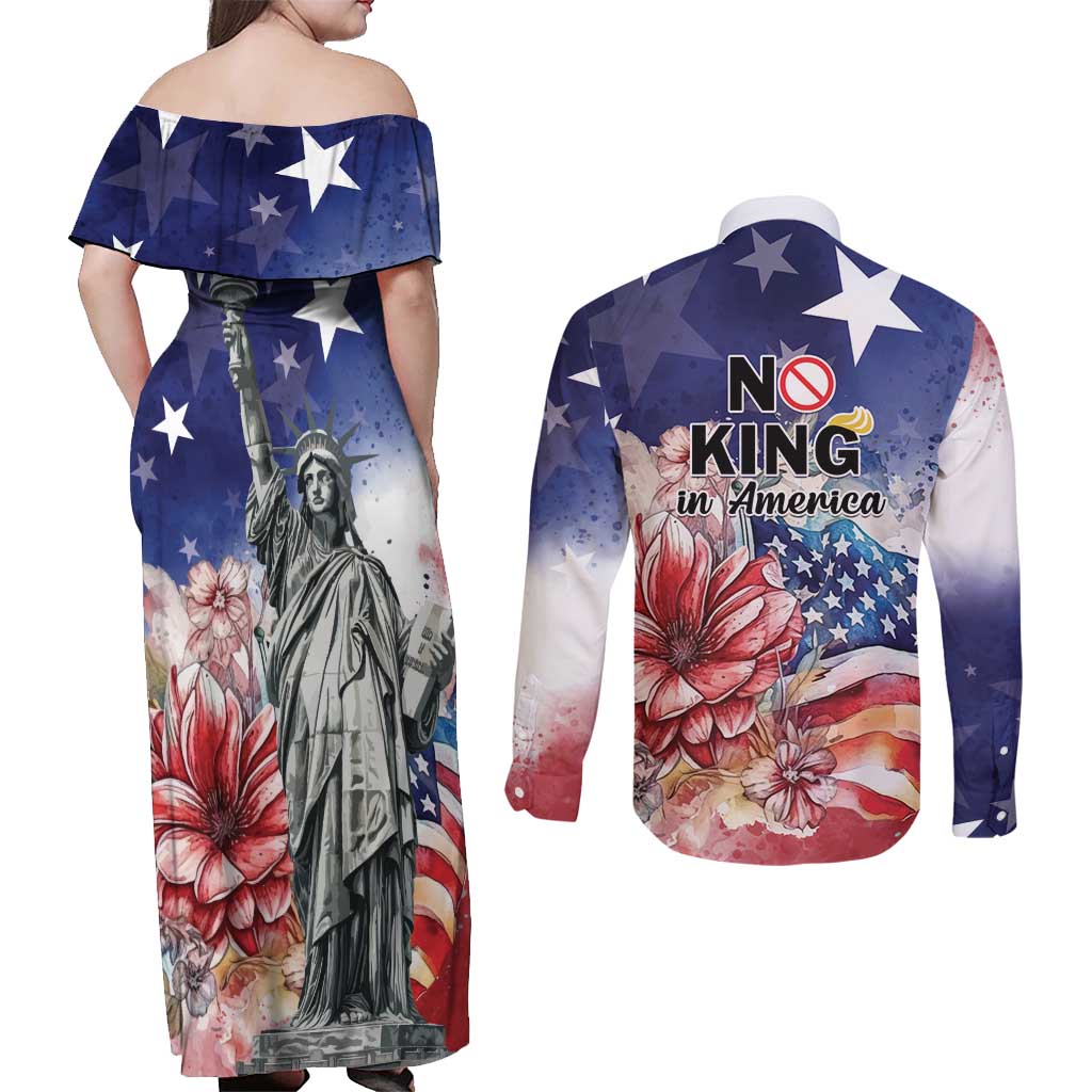 No Kings In America Couples Matching Off Shoulder Maxi Dress and Long Sleeve Button Shirt Watercolor Floral - Wonder Print Shop
