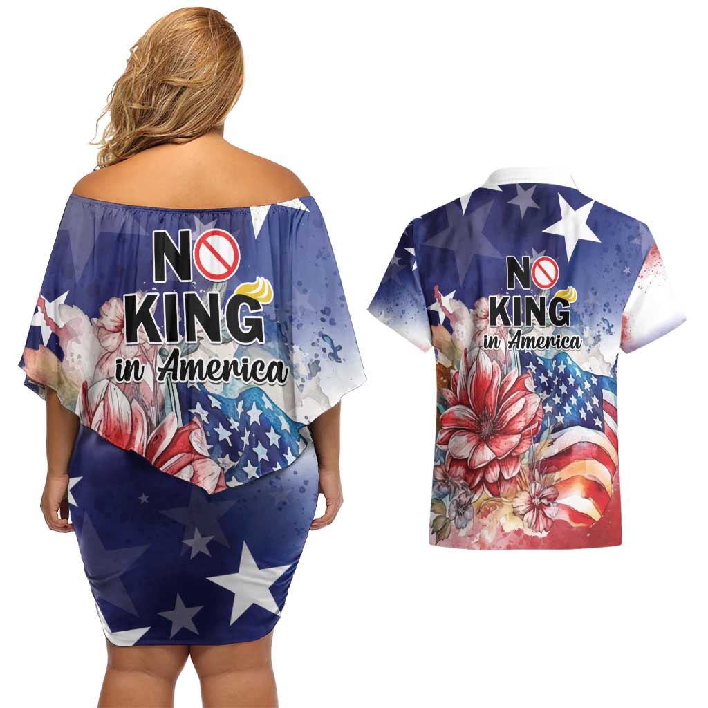 No Kings In America Couples Matching Off Shoulder Short Dress and Hawaiian Shirt Watercolor Floral - Wonder Print Shop