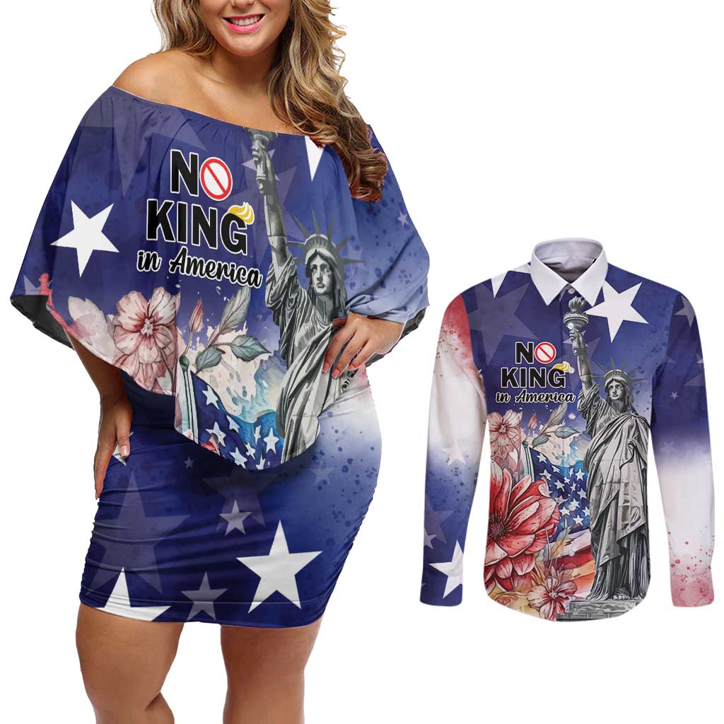 No Kings In America Couples Matching Off Shoulder Short Dress and Long Sleeve Button Shirt Watercolor Floral - Wonder Print Shop