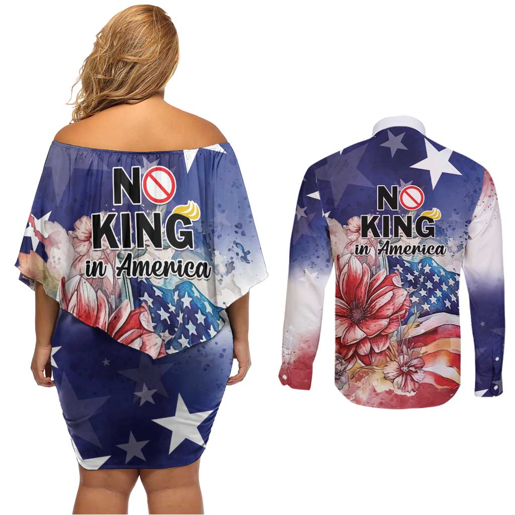 No Kings In America Couples Matching Off Shoulder Short Dress and Long Sleeve Button Shirt Watercolor Floral - Wonder Print Shop