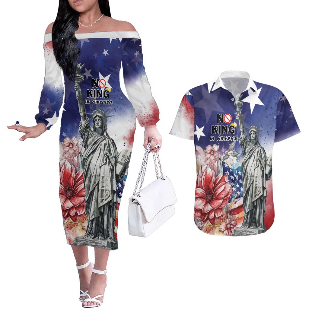 No Kings In America Couples Matching Off The Shoulder Long Sleeve Dress and Hawaiian Shirt Watercolor Floral - Wonder Print Shop