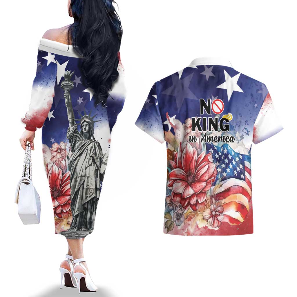 No Kings In America Couples Matching Off The Shoulder Long Sleeve Dress and Hawaiian Shirt Watercolor Floral - Wonder Print Shop