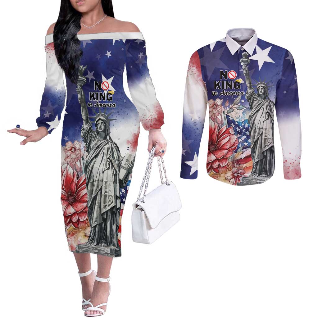 No Kings In America Couples Matching Off The Shoulder Long Sleeve Dress and Long Sleeve Button Shirt Watercolor Floral - Wonder Print Shop