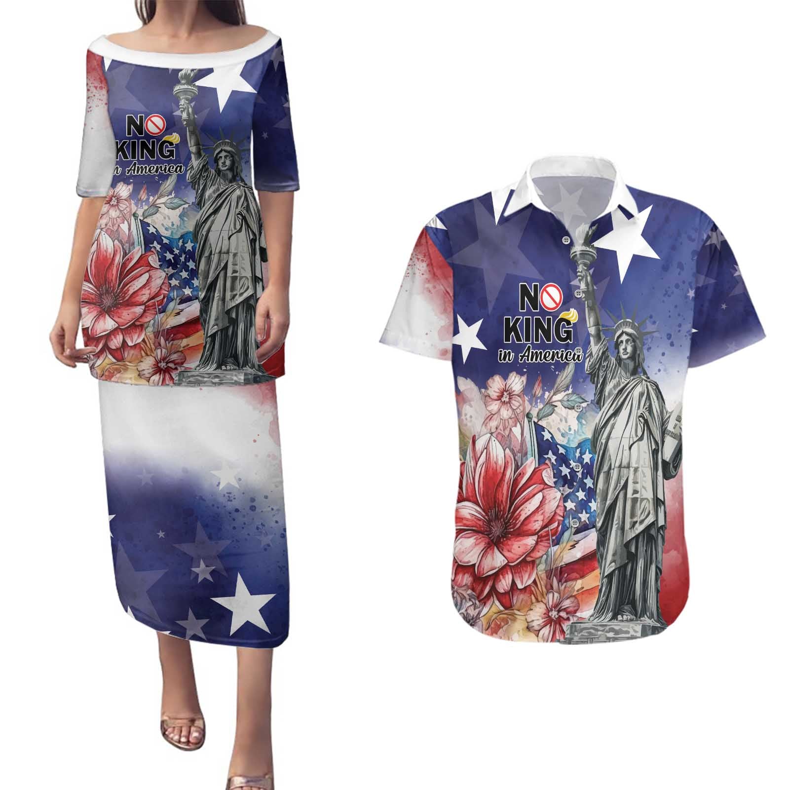 No Kings In America Couples Matching Puletasi and Hawaiian Shirt Watercolor Floral - Wonder Print Shop