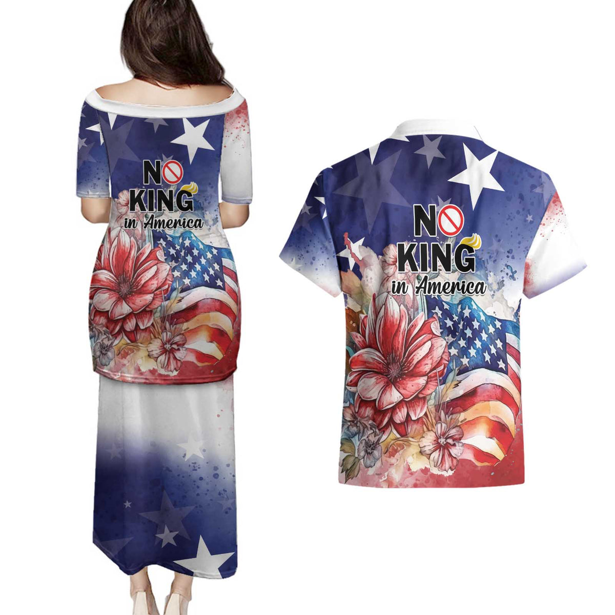 No Kings In America Couples Matching Puletasi and Hawaiian Shirt Watercolor Floral - Wonder Print Shop