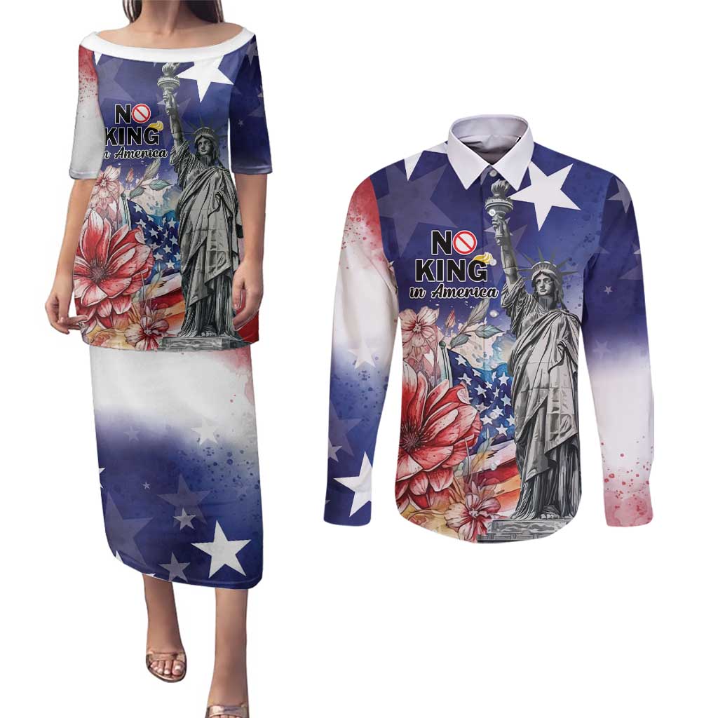 No Kings In America Couples Matching Puletasi and Long Sleeve Button Shirt Watercolor Floral - Wonder Print Shop