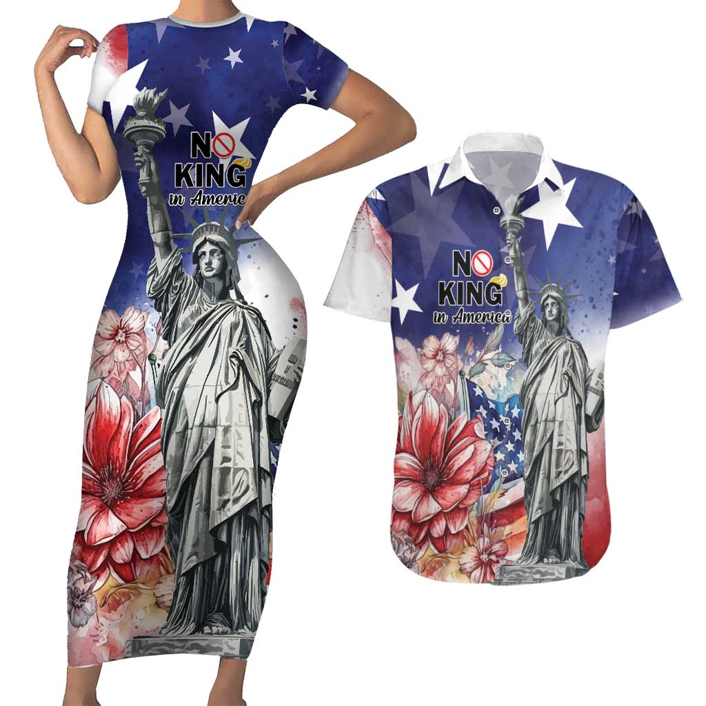 No Kings In America Couples Matching Short Sleeve Bodycon Dress and Hawaiian Shirt Watercolor Floral - Wonder Print Shop