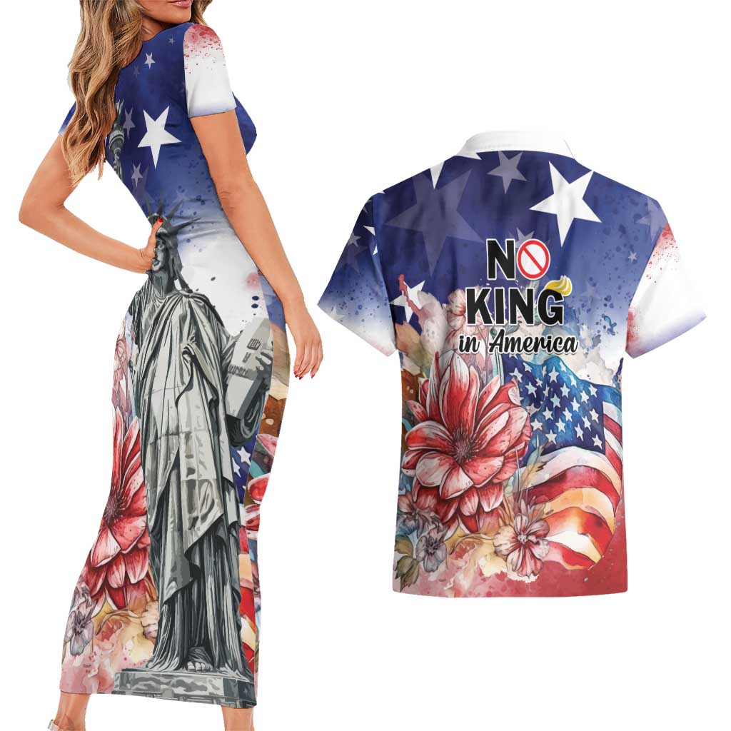 No Kings In America Couples Matching Short Sleeve Bodycon Dress and Hawaiian Shirt Watercolor Floral - Wonder Print Shop